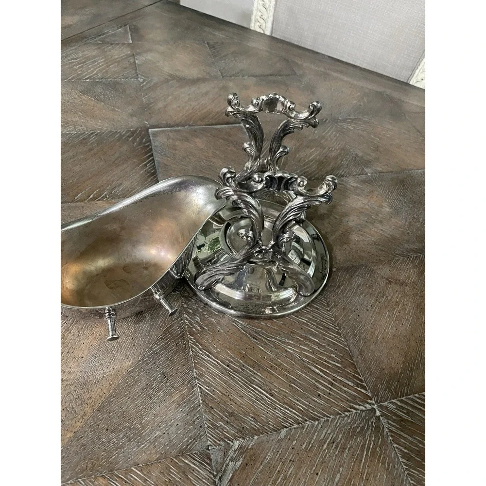 Vintage Ornate Silver‎ Plate Gravy Boat Server Pedestal With Warming Stand